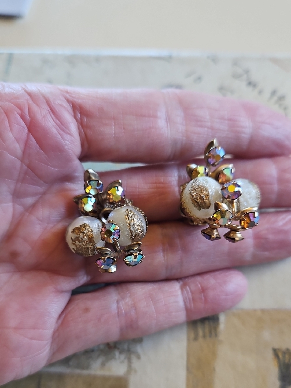 Vintage AB rhinestones sugared beads Gold Accents gold-tone Clip On Earrings
